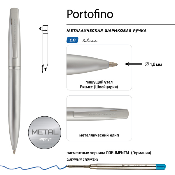 Ручка шариковая автоматическая BrunoVisconti® "PORTOFINO" цвет корпуса серебряный 1 мм