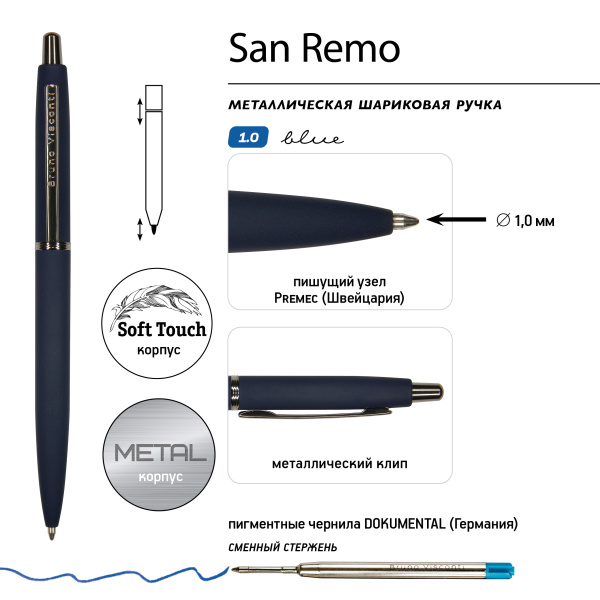 Ручка шариковая автоматическая BrunoVisconti® "SAN REMO" цвет корпуса темно-синий 1 мм, в тубе